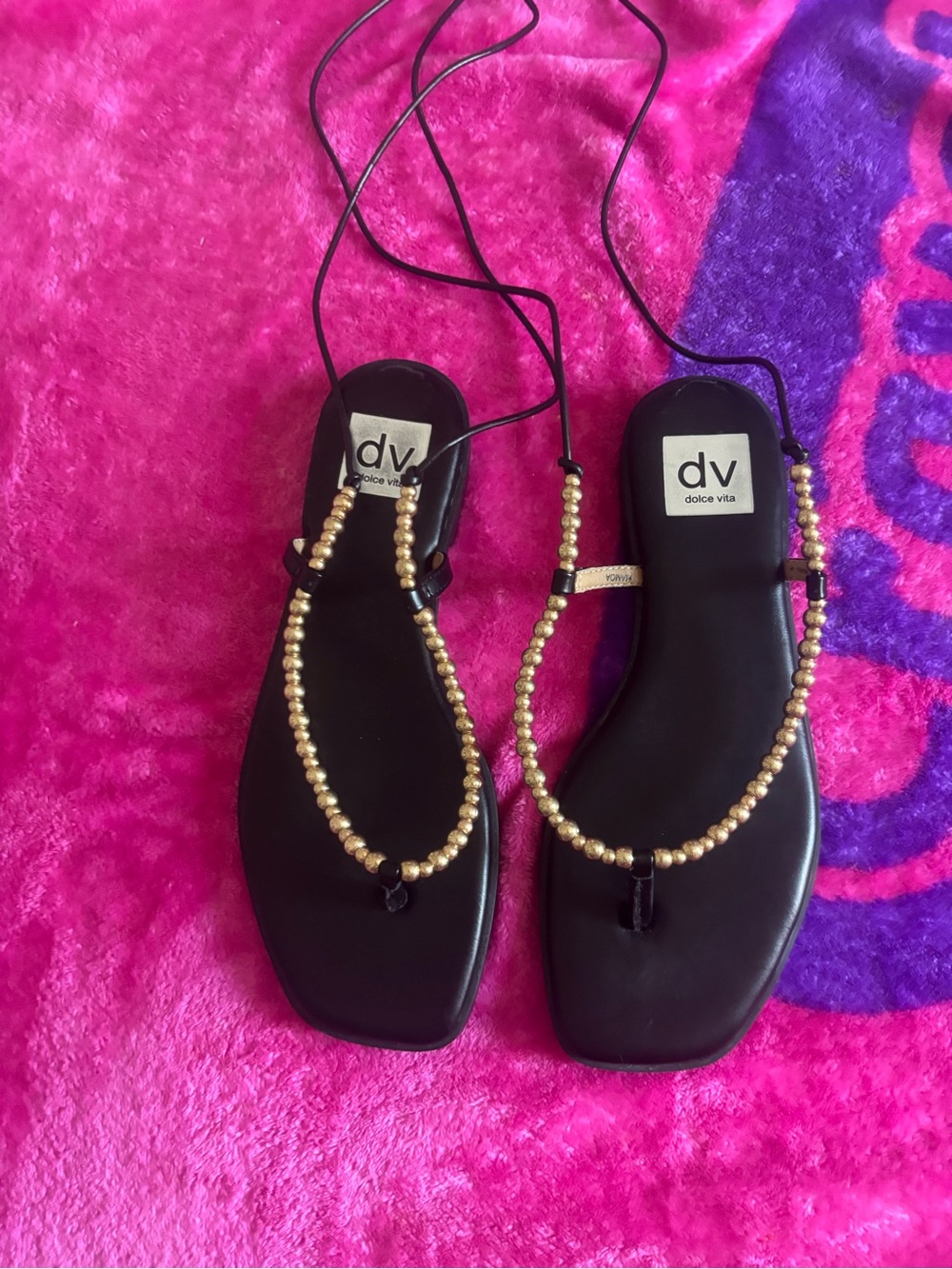 Dolce Vita Black Sandals with Gold Beaded T-Strap